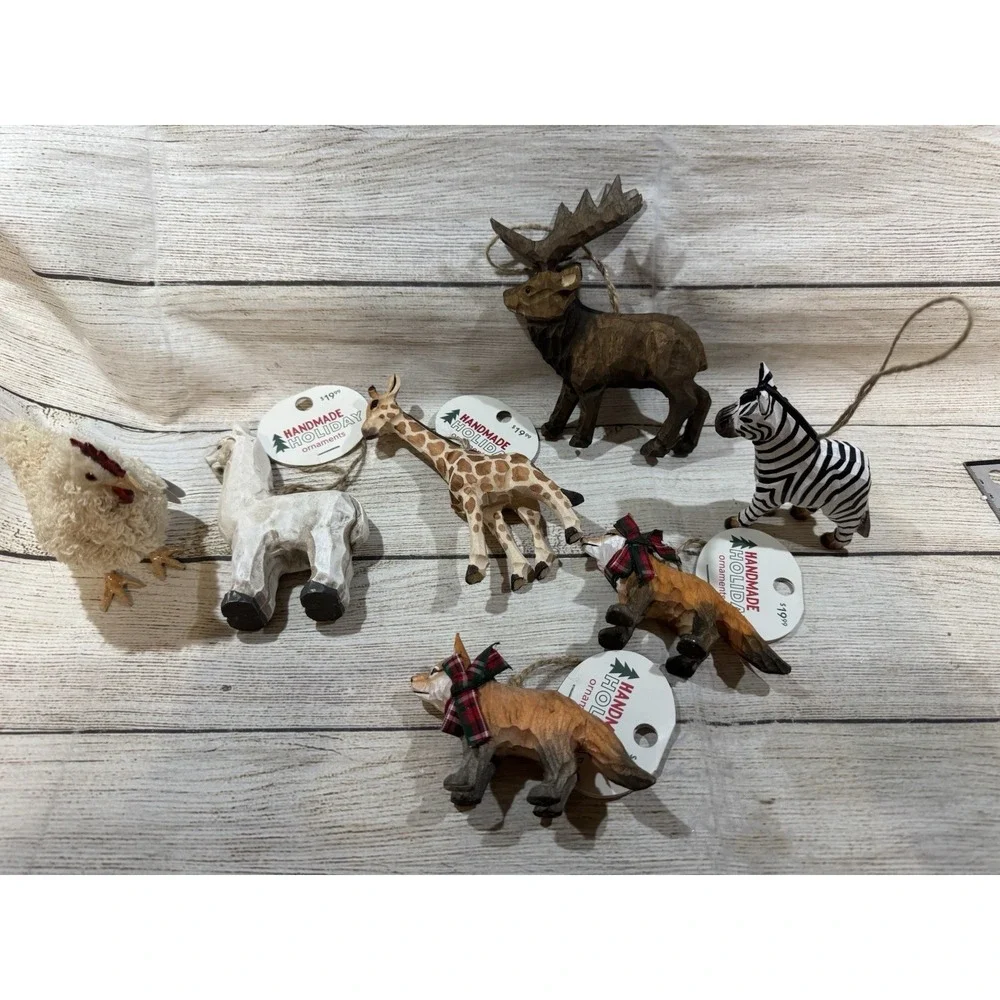Lot of Handmade Holiday Wood Carved Animal Ornaments Moose Fox Zebra Giraffe T18